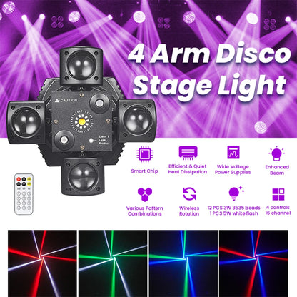 48W 4-Arm Mini Moving Head DJ Light – RGBW LED Disco Strobe with DMX512 for Party, Nightclub & Stage Effects