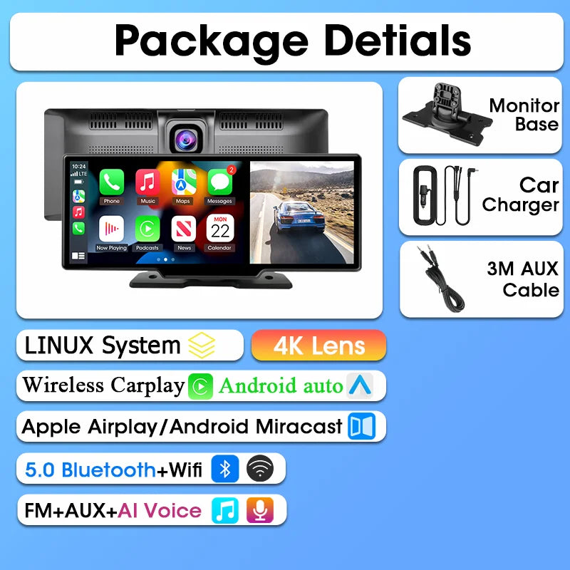 Srnubi 10.26 Inch Dash Cam Rearview Mirror - CarPlay & Android Auto DVR with GPS Navigation, Video Dashboard Monitor