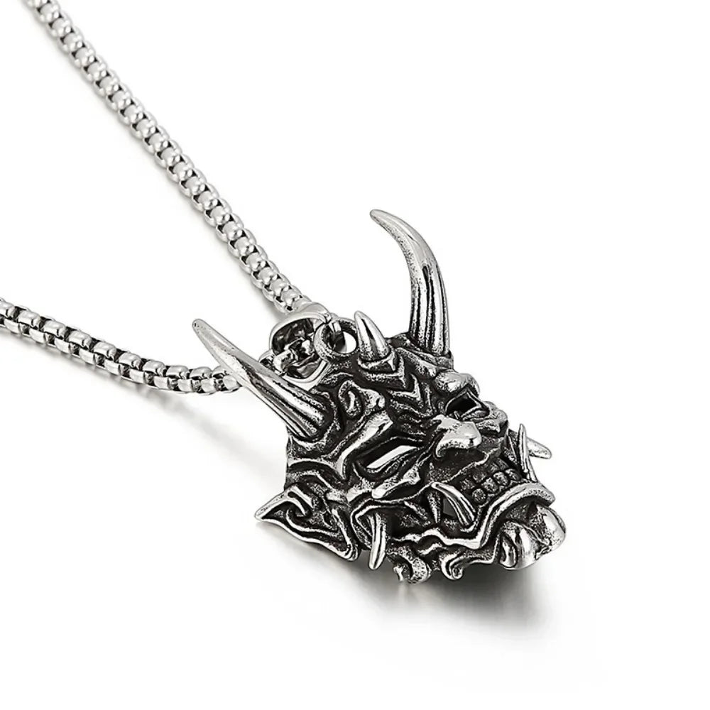 Vintage Punk Demon Mask Samurai Ghost Pendant Necklace — Unisex Long Chain Hip Hop Rock Jewelry, Party Gift Accessory