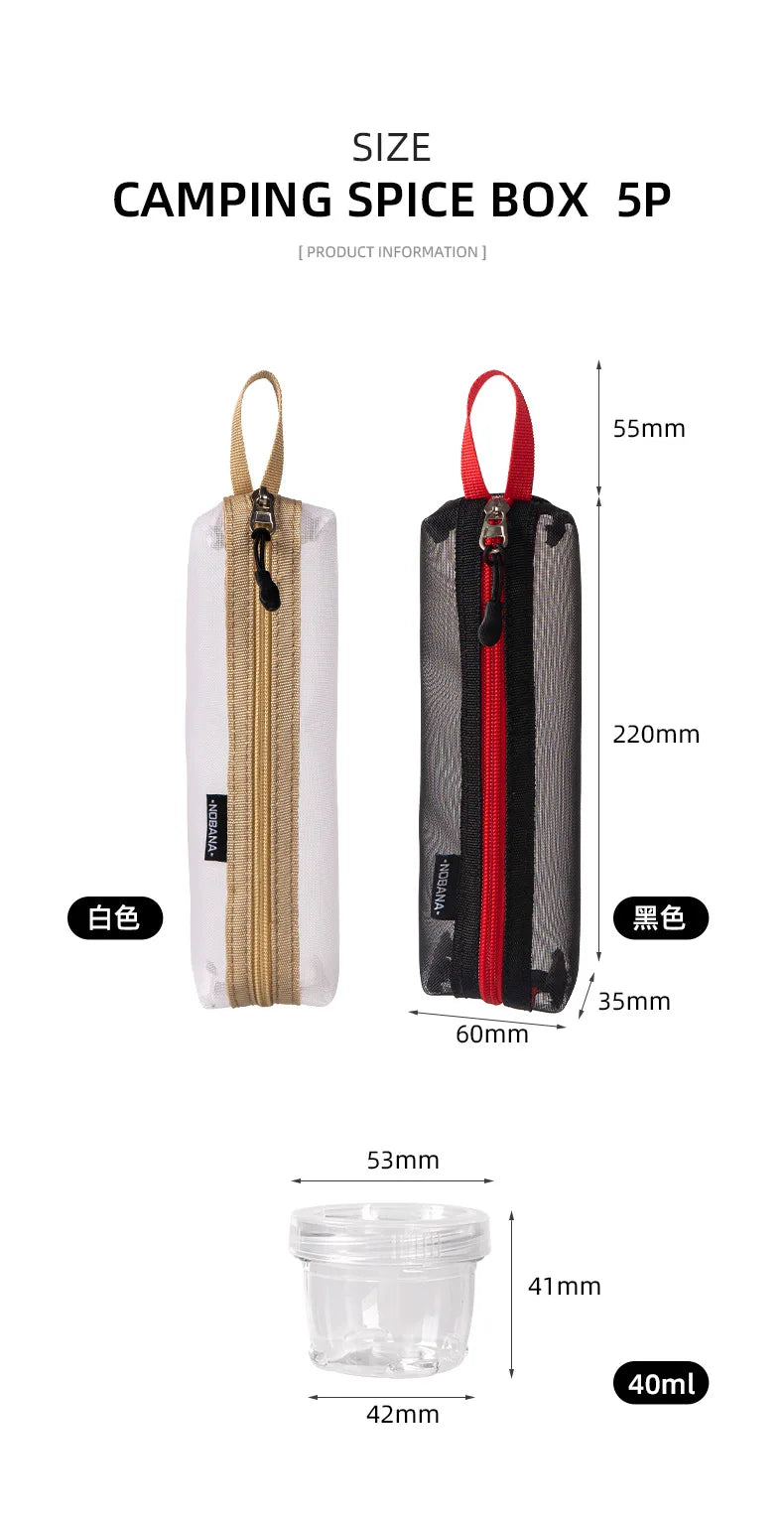 Portable Travel Camping Spice Kit | Bag with 5 Clear Seasoning Bottles & Condiment Container Set