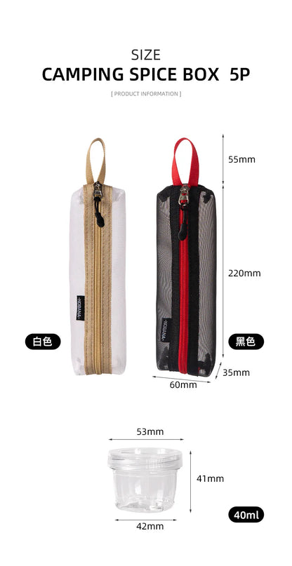 Portable Travel Camping Spice Kit | Bag with 5 Clear Seasoning Bottles & Condiment Container Set