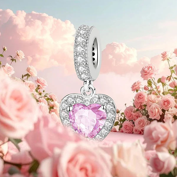 925 Sterling Silver Pink Heart Charm - Zircon Love Pendant Bead for DIY Bracelets, Bangles & Women’s Jewelry