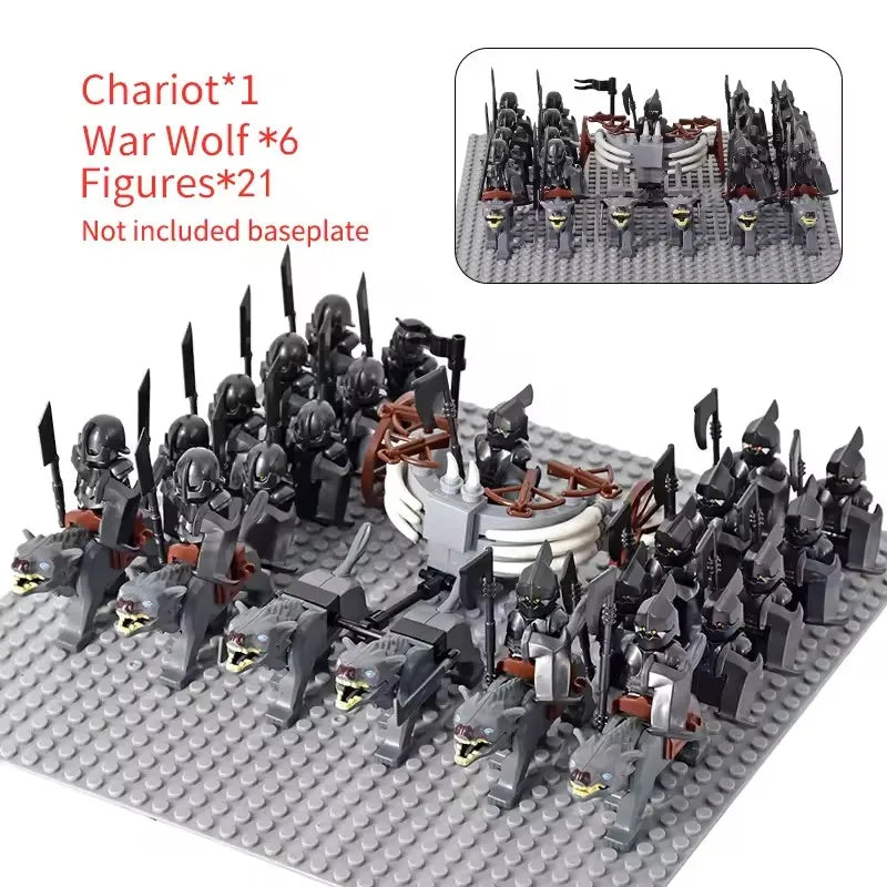 MOC Medieval LOTR Figures — Black Wolves & Mounted Chariots Action Dolls, Assembled Brick Building Blocks Toy