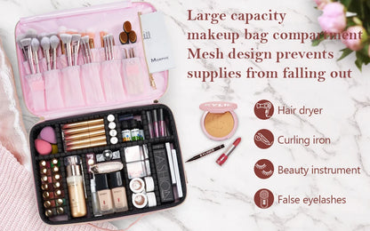 Professional Makeup Bag — Extra-Large Cosmetic Train Case with Brush Organizer, Storage Compartments & Dividers for Artists