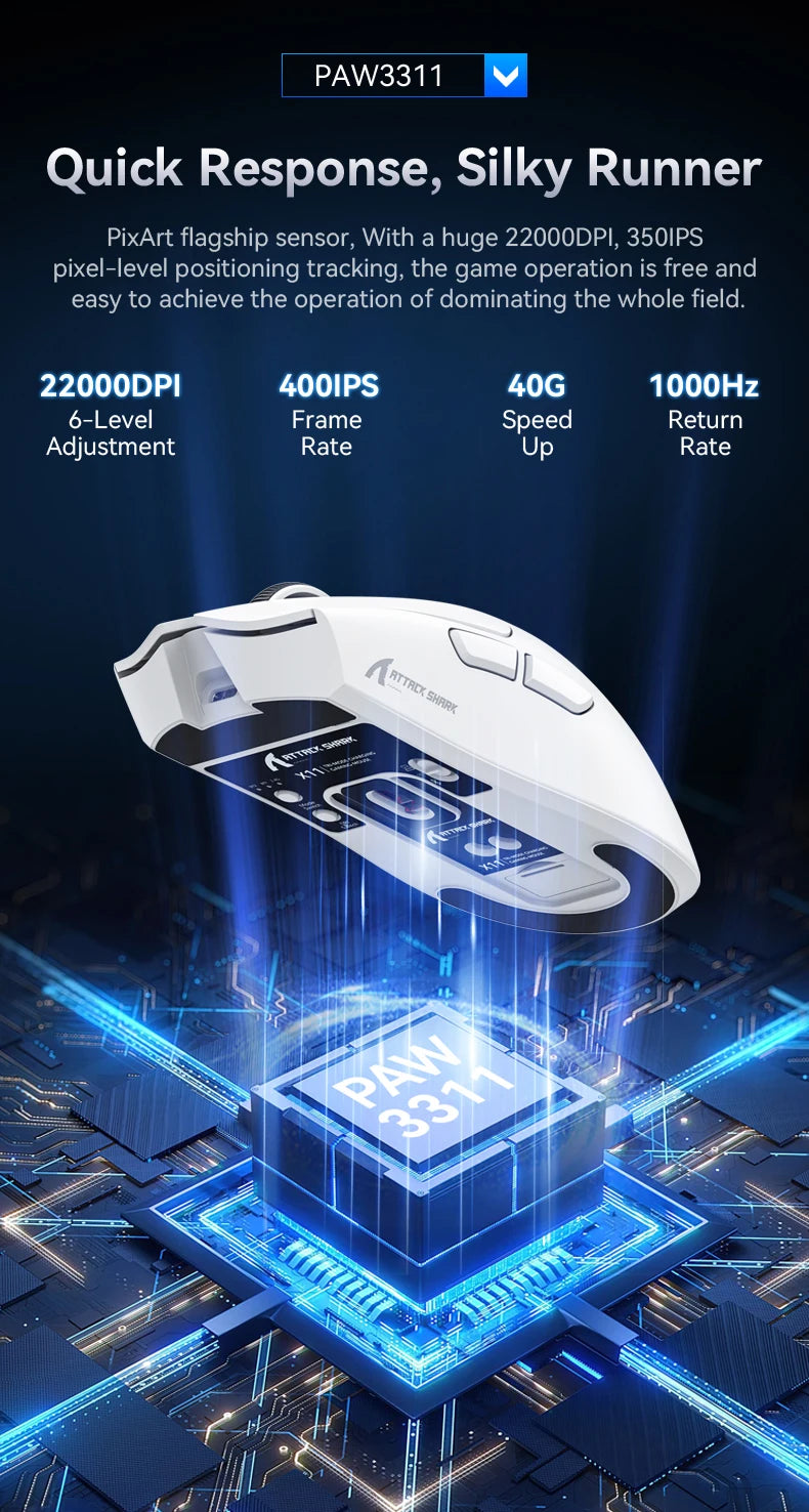 Attack Shark X11 Tri-Mode Wireless Gaming Mouse – 2.4GHz/Wired/Bluetooth PAW3311 22000DPI RGB PC Mouse 400IPS