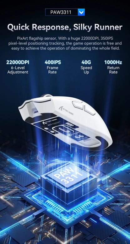 Attack Shark X11 Tri-Mode Wireless Gaming Mouse – 2.4GHz/Wired/Bluetooth PAW3311 22000DPI RGB PC Mouse 400IPS