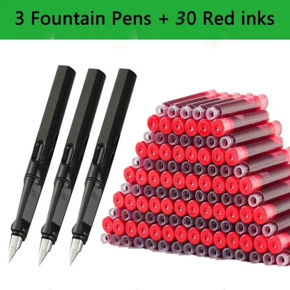 33PCS Kawaii Fountain Pen & Ink Set - Black Blue Red EF 0.38mm Replaceable Ink Pens for School Office Writing Supplies