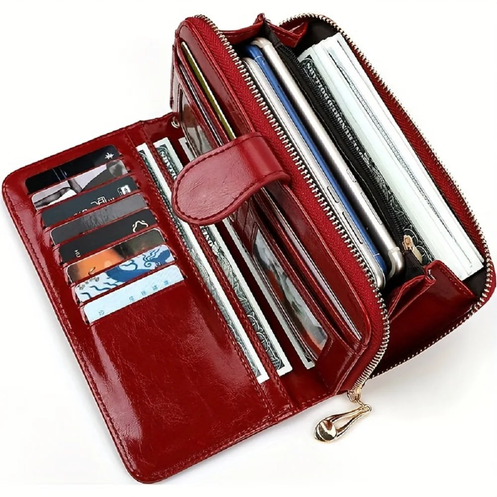 Bright Wax Leather Long Wallet – Multi-Card Holder with Wristband & Card Pouch