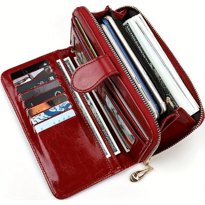 Bright Wax Leather Long Wallet – Multi-Card Holder with Wristband & Card Pouch