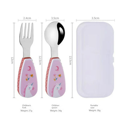 Toddler Dinosaur Spoon & Fork Set - Stainless Steel Cartoon Feeding Utensils with Short Handle for Kids