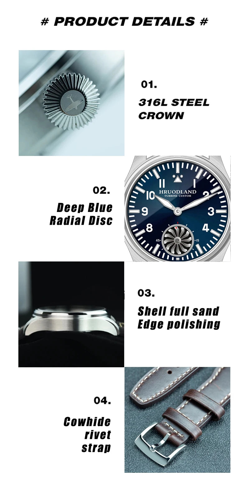 Hruodland 43MM Pilot Men’s Manual Mechanical Watch — Sapphire Crystal, BGW-9 Night Light, Turbine Design, Waterproof 5Bar