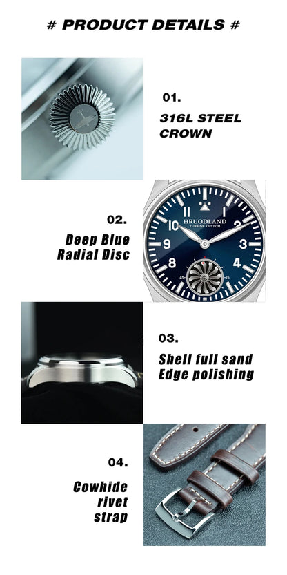 Hruodland 43MM Pilot Men’s Manual Mechanical Watch — Sapphire Crystal, BGW-9 Night Light, Turbine Design, Waterproof 5Bar