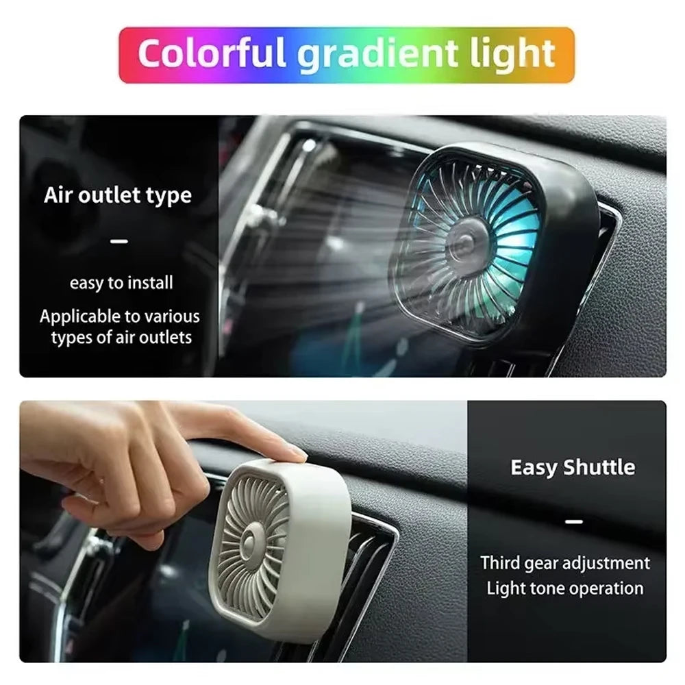 Mini Car USB Air Conditioner Fan - Three-Speed Adjustable Cooling Fan with Colorful LED Lights and Air Vent Mount
