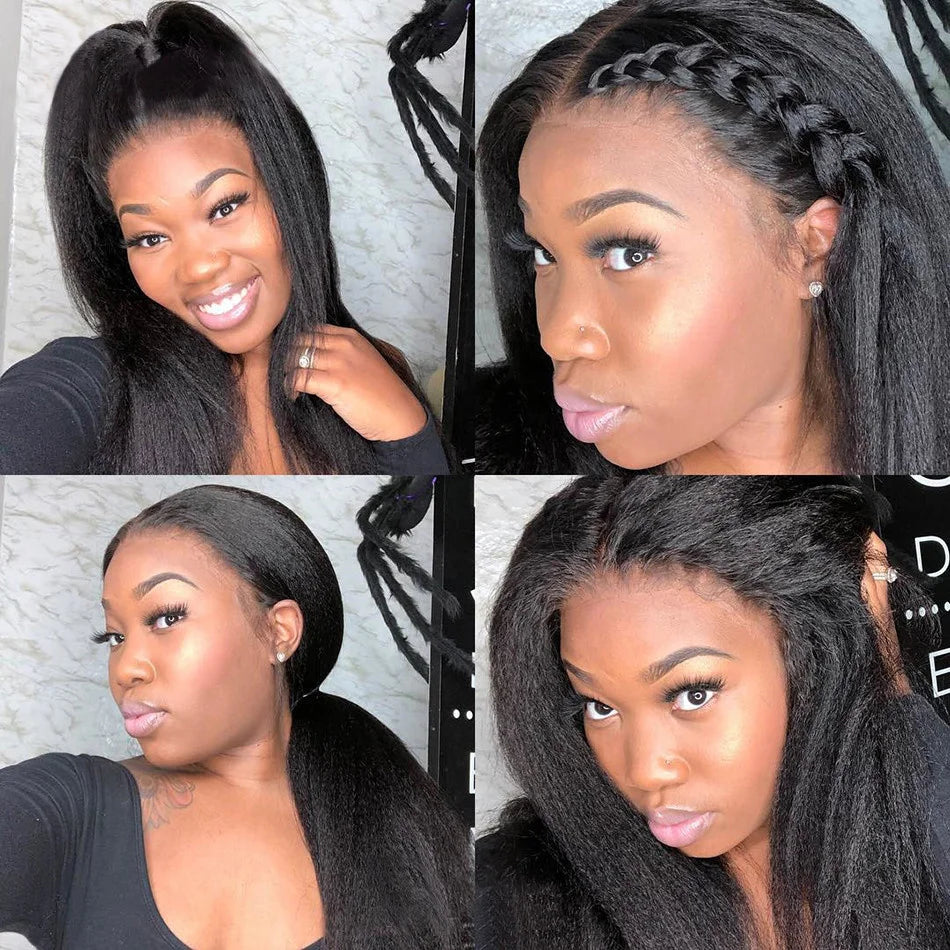 Kinky Straight 13x4 Lace Front Wig – Brazilian Human Hair, Bone Colored Yaki Straight, Transparent Lace Frontal Wig for Women