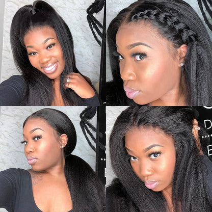 Kinky Straight 13x4 Lace Front Wig – Brazilian Human Hair, Bone Colored Yaki Straight, Transparent Lace Frontal Wig for Women