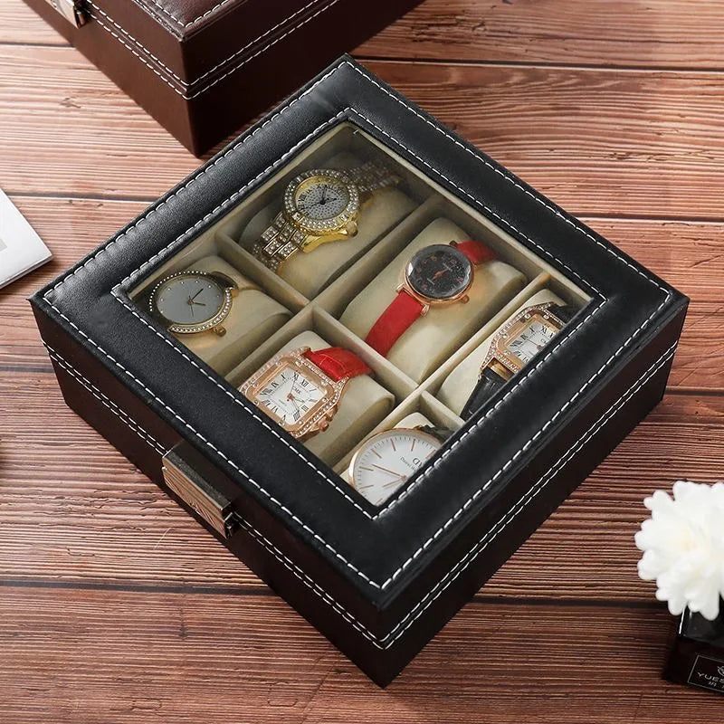 DELESYS PU Leather Watch Box – 2/3/4/5/6/8/10/12 Slot Storage Case with Lock, Traditional Style Gift Box