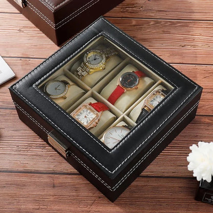 DELESYS PU Leather Watch Box – 2/3/4/5/6/8/10/12 Slot Storage Case with Lock, Traditional Style Gift Box