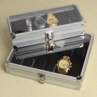 Aluminium Watch Storage Box — 12-Slot Jewelry Display Case with Suede Interior