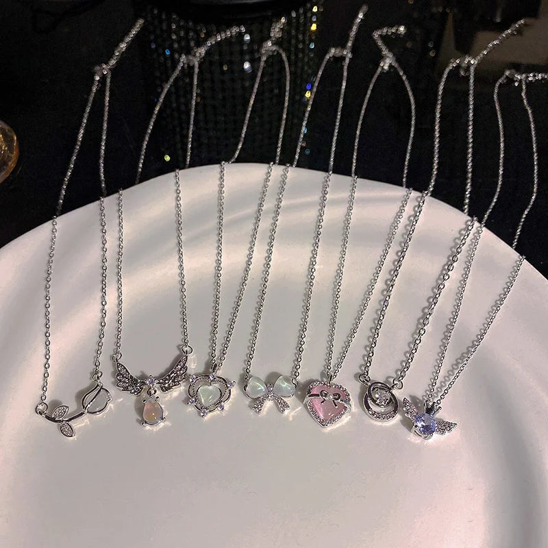 Y2K Crystal Bow Angel Wings Necklace - Heart Pendant Clavicle Chain for Women Trendy Aesthetic Jewelry