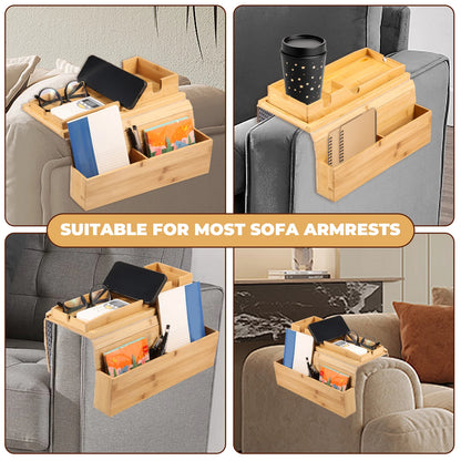 Bamboo Couch Cup Holder with Side Storage Pocket – Anti-Slip Foldable Sofa Armrest Tray for Cups, Snacks & Drinks