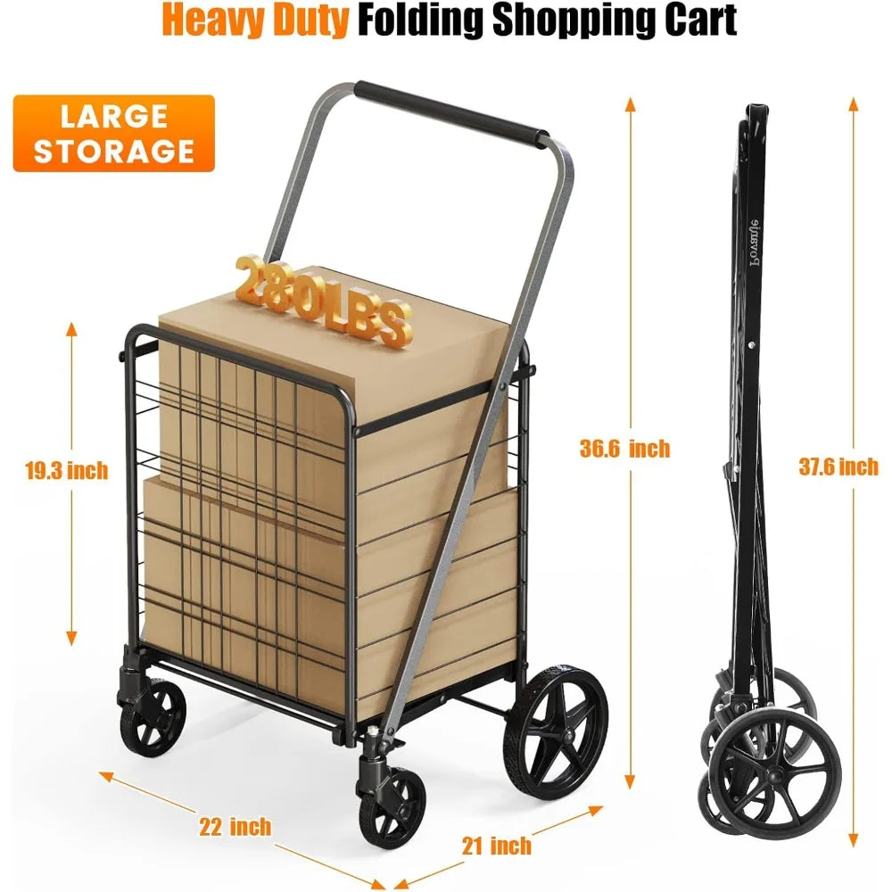 Heavy Duty 280lb Folding Shopping Cart — Large Utility Cart with Waterproof Liner & 360° Rotating Wheels