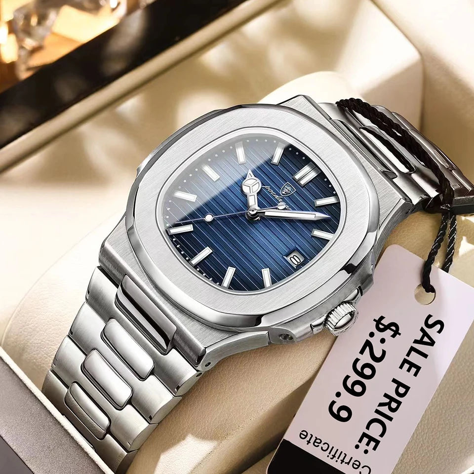 POEDAGAR Luxury Men's Watch – 30ATM Waterproof, Stainless Steel Square Quartz, Luminous Date, Business reloj hombre