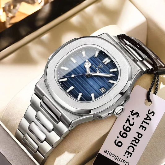 POEDAGAR Luxury Men's Watch – 30ATM Waterproof, Stainless Steel Square Quartz, Luminous Date, Business reloj hombre