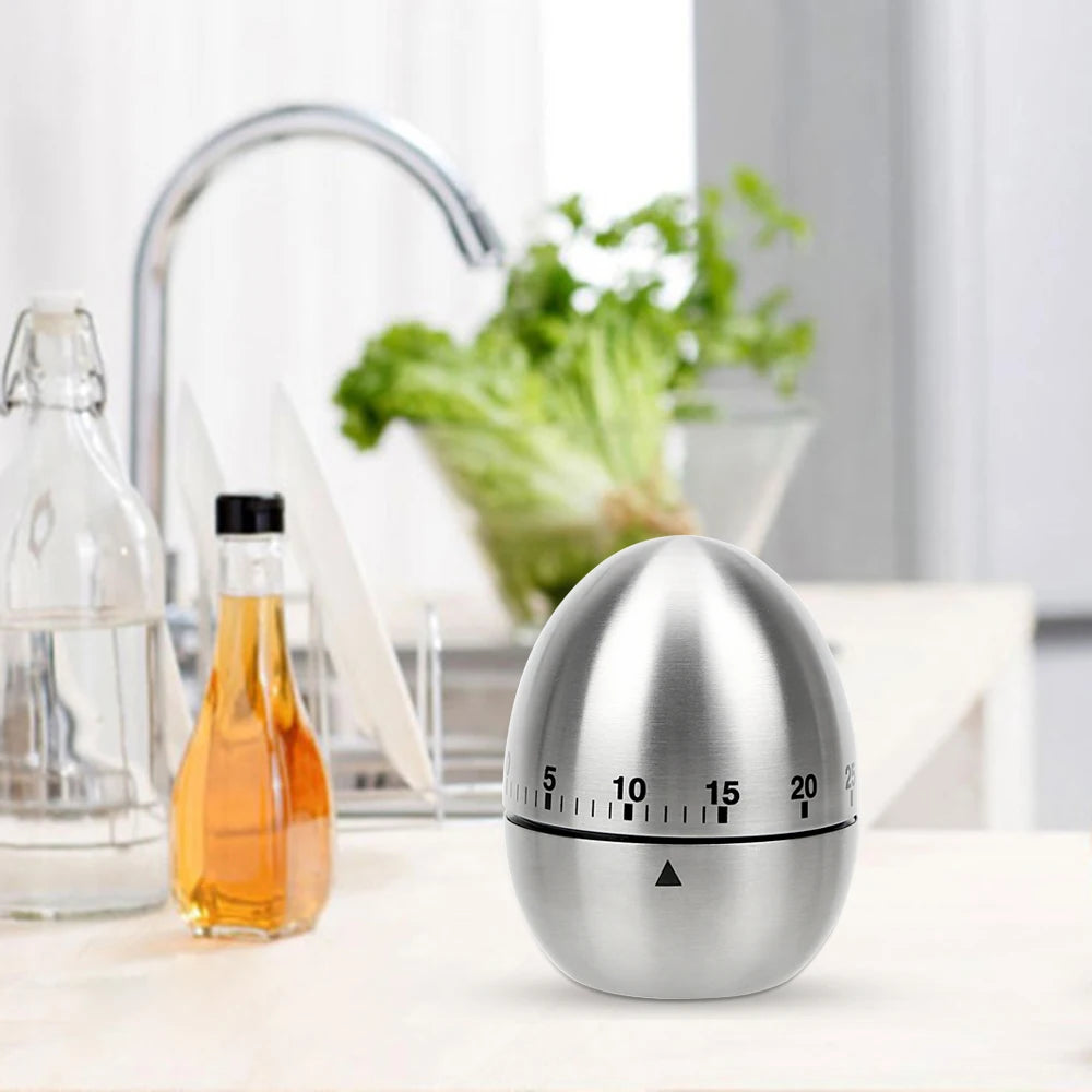 Stainless Steel Kitchen Timer - Cute Egg Shaped Mechanical Alarm Clock for Cooking - 60 Minutes Countdown