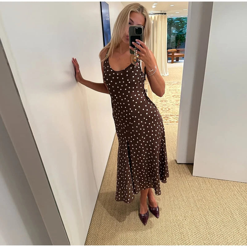 Elegant Women’s Polka Dot Maxi Dress – Chic Sleeveless Round Neck High Waist Slim Fit Vestido for Party & Street, 2025 New