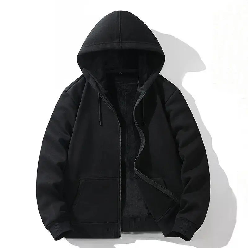 Zipper Hooded Sweatshirt – Autumn Winter Fleece-Lined Cotton Cardigan for Men & Women, Solid Color Y2K Style