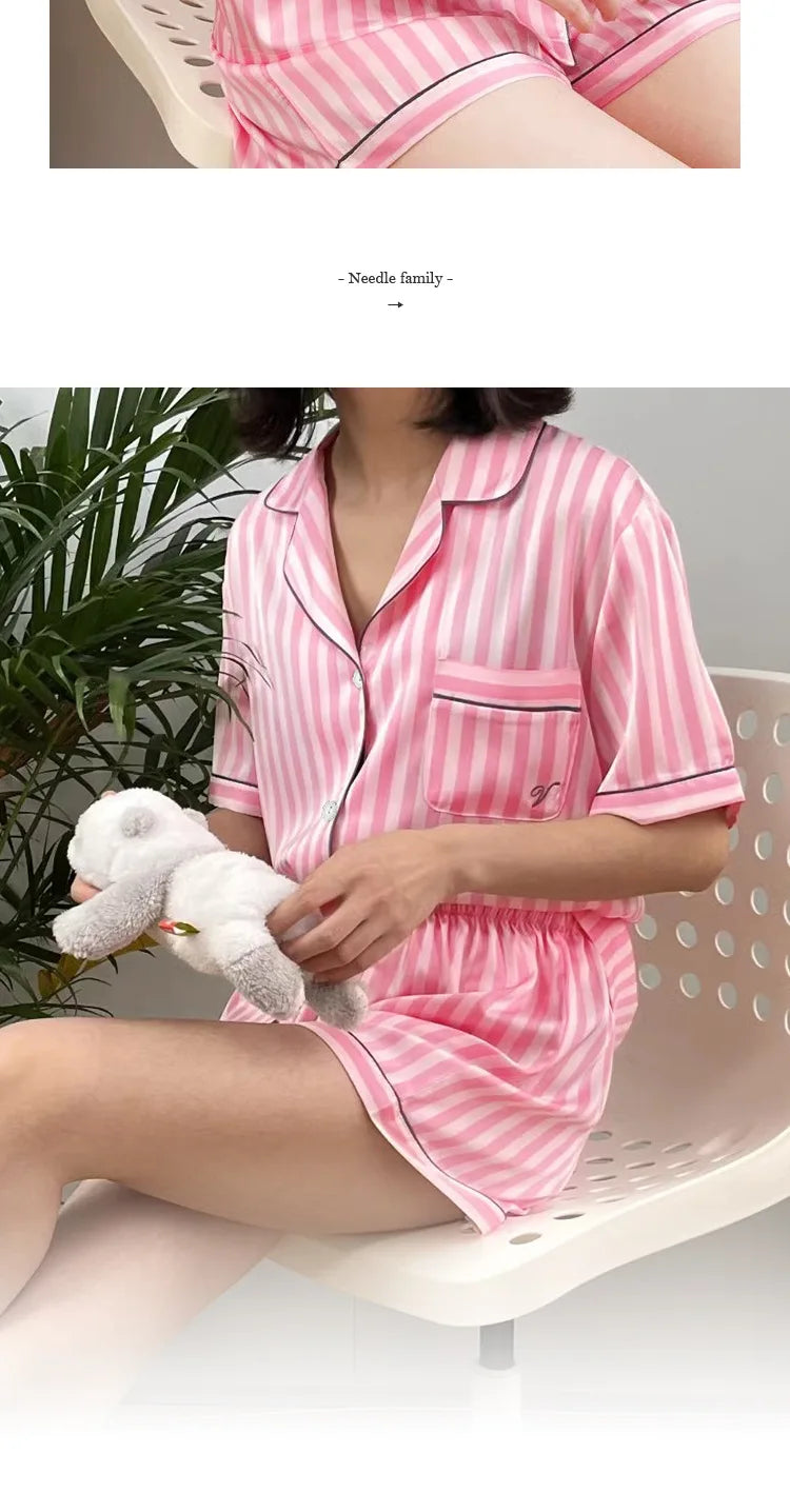 Plus Size Women’s Pajama Set – Short Sleeve Cardigan & Striped Shorts Two-Piece Homewear