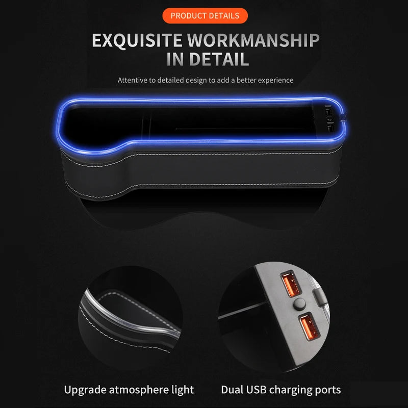 7-Color LED Car Seat Gap Filler Cup Holder: Crevice Storage Organizer Box with 2 USB Chargers - Essential Car Accessories