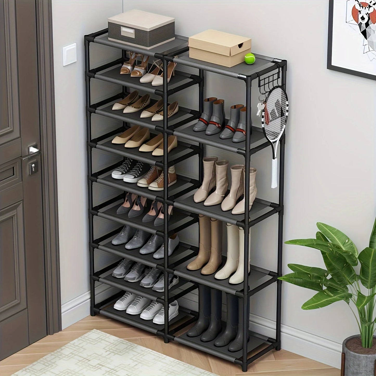 9-Tier Tall Shoe Rack with Hooks – Heavy Duty Vertical Organizer, Large Capacity Holds 24-35 Pairs, Black