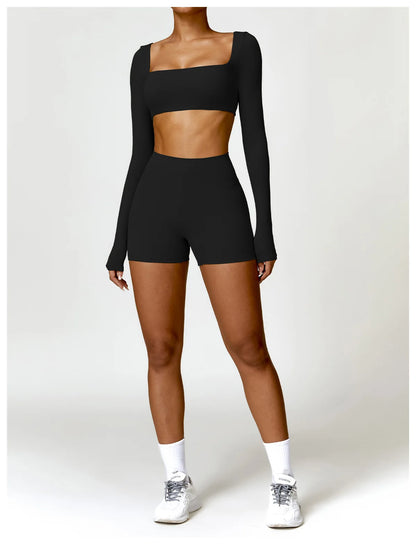 Hearuisavy 2PCS Long Sleeve Gym Set for Women, Quick-Drying Yoga Clothes, Sportswear, Running Leggings, Workout Sports Crop Top