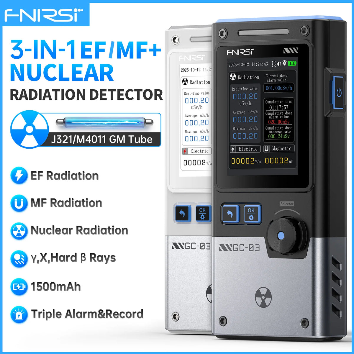FNIRSI GC-03 3-in-1 Electromagnetic Radiation Detector - Electric, Magnetic & RF Field Meter with Temperature Monitor