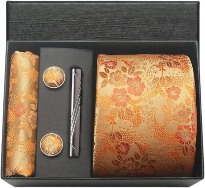 100% Silk Men’s Necktie Set with Paisley Floral Design, Business Tie with Pocket Square, Tie Clip & Cufflinks Gift Box Set for Men