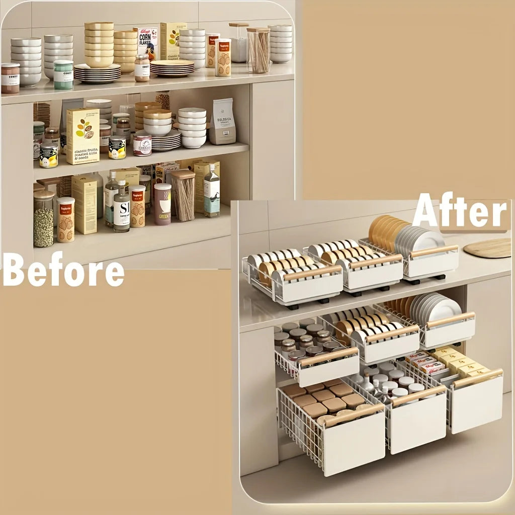 Space-Saving Kitchen Drawer Organizer - Pull-Out Rack for Plates, Bowls & Spices