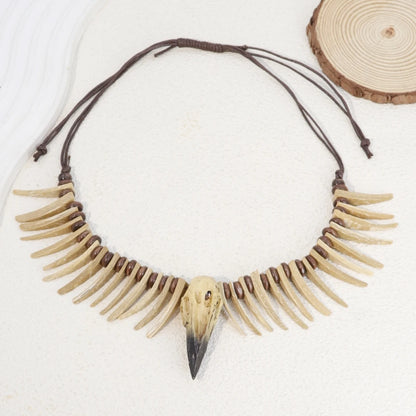 Vintage Viking Crow Skull Necklace – Gothic Resin Animal Pendant with Irregular Coconut Shell Teeth Jewelry