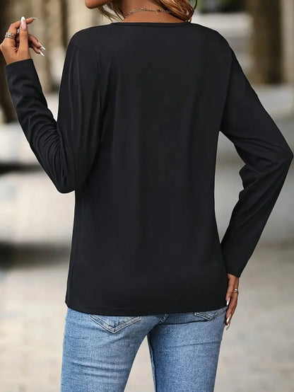 Women's Letter Print Warm Base Layer - Autumn & Winter Cross Printed T-shirt, Casual Round Neck Long Sleeve Top