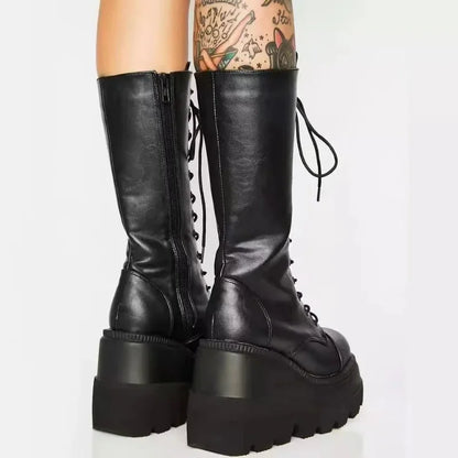 Women’s Winter Platform Boots – Black Leather Short Combat Booties, Rainproof Military, Punk Goth Lolita Footwear Clearance