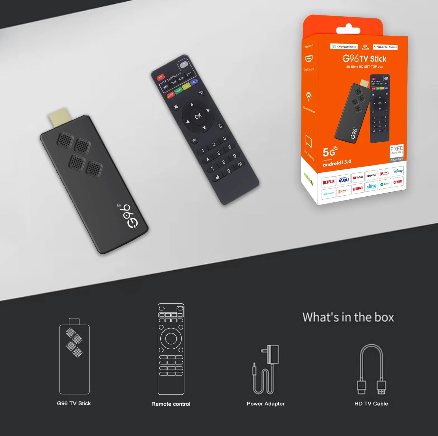 G96 Android 13.0 4K Smart TV Stick – H313, 2GB RAM 16GB ROM, Dual WiFi, Infrared Remote, High-Performance ATV Streaming Device