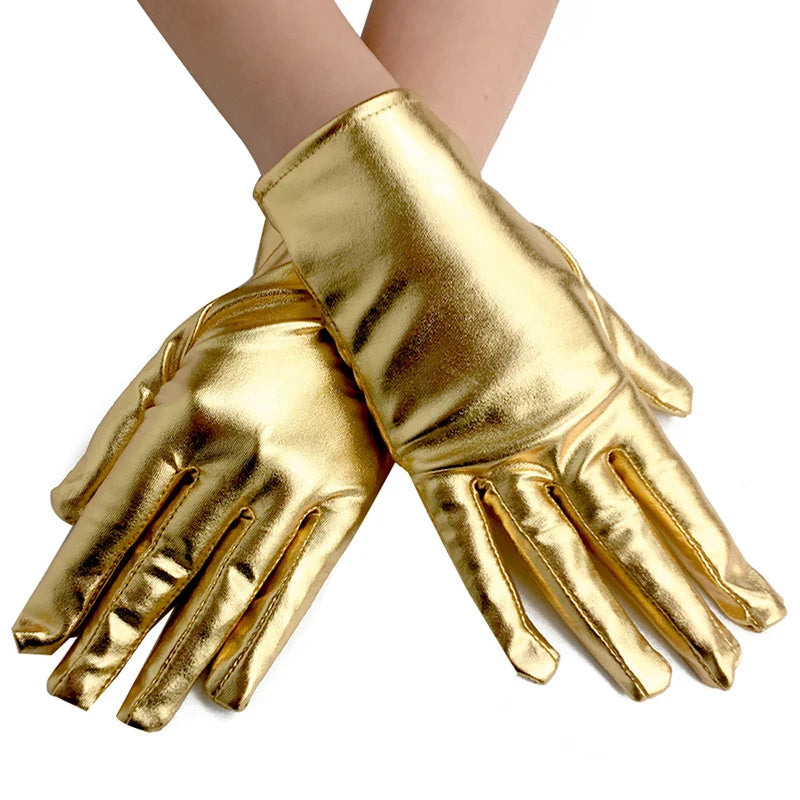 Gold Silver Metallic Faux Leather Short Gloves – Sexy Wet Look Party, Evening & Performance Mittens Handwear