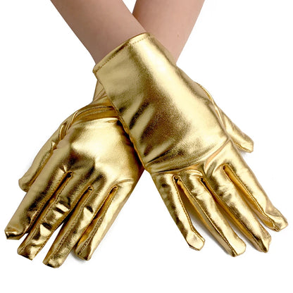 Gold Silver Metallic Faux Leather Short Gloves – Sexy Wet Look Party, Evening & Performance Mittens Handwear