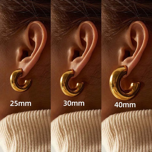 Vintage Stainless Steel C-Shaped Hoop Earrings for Women – Gold Color Huggie Jewelry