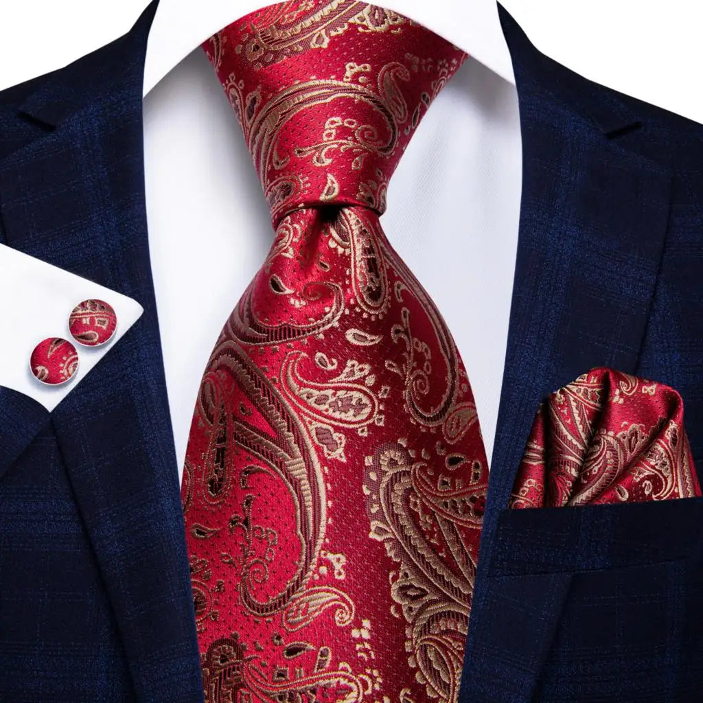 Hi-Tie Red Burgundy Plaid Silk Tie Set — Designer Men’s Necktie with Handkerchief & Cufflinks for Wedding or Business