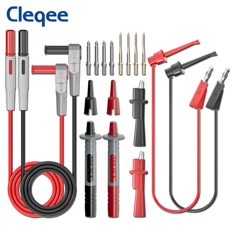 Cleqee P1308B 18-Piece Multimeter Test Lead Kit - Replaceable Probes, Alligator Clips, Hook Clips & 4mm Banana Plugs