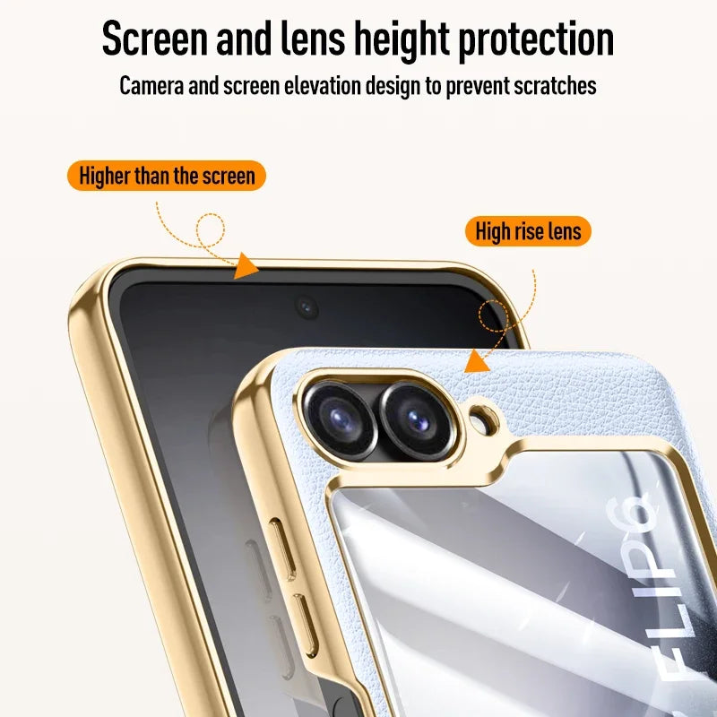 Electroplated Leather Case for Samsung Galaxy Z Flip 6/5 – Skin-Friendly Shockproof Hinge Cover with Tempered Film