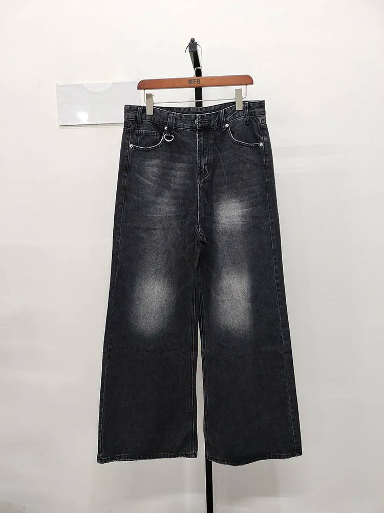 IEFB Men’s Summer Denim Jeans – Washed Blue Straight Loose Wide-Leg Casual Pants