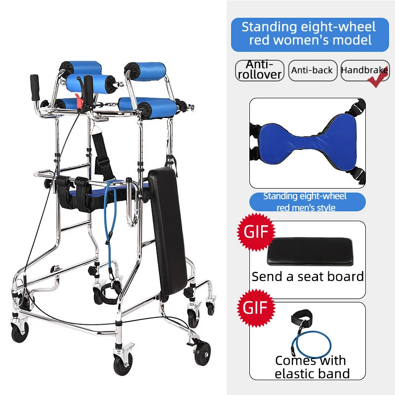 Upright Rollator Walker – 8-Wheel Anti-Tilt Stand-Up Walker with Seat, Hemiplegia Mobility Support Frame
