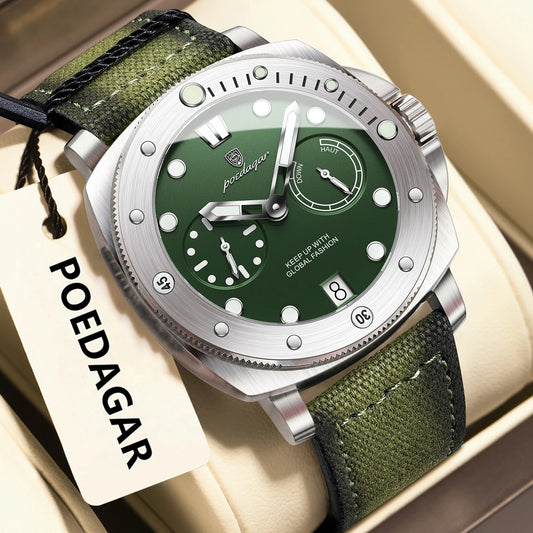 POEDAGAR Men’s Military Watch – Waterproof Luminous Quartz Watch with Date, Nylon & Leather Strap, Fashionable Men’s Timepiece